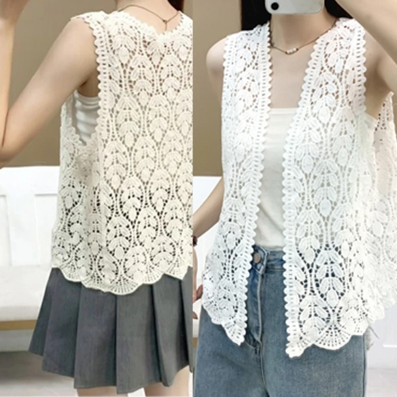 Women Vintage Hollowed Out Knitted Crochet Open Front Vests Cardigans Casual Loose Sleeveless Sweater Beach Waistcoat P8DB