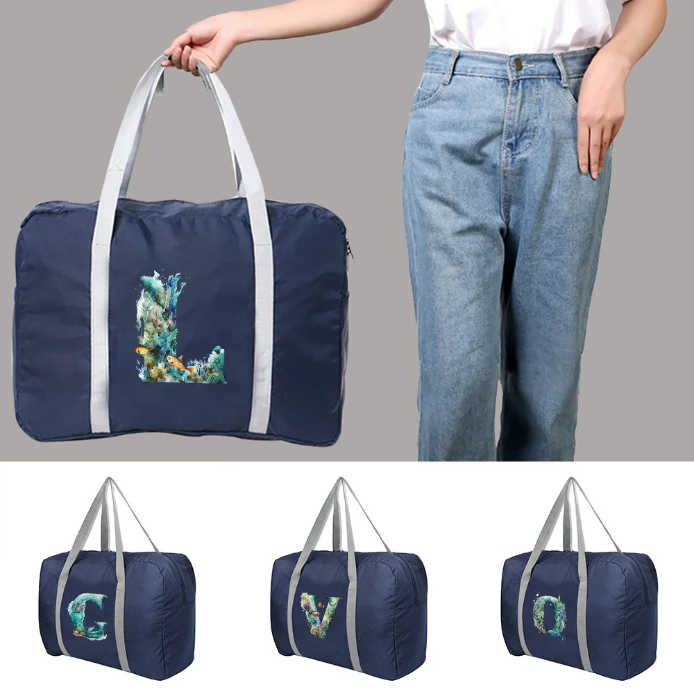 Travel Bag Hand Luggage Tote for Women Fish Letter Pattern Print Large Capacity Handbag Duffel Set Overnight for Lady & Men