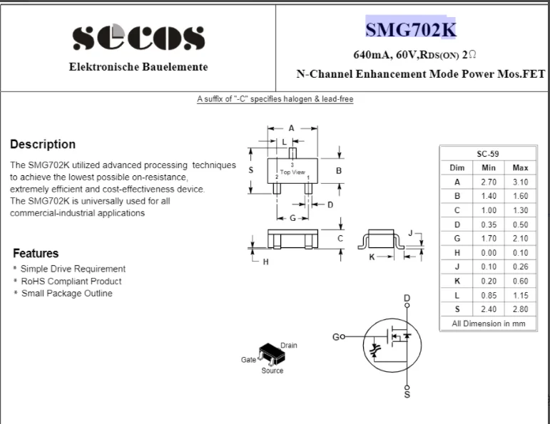50PCS SMG702K SOT-23