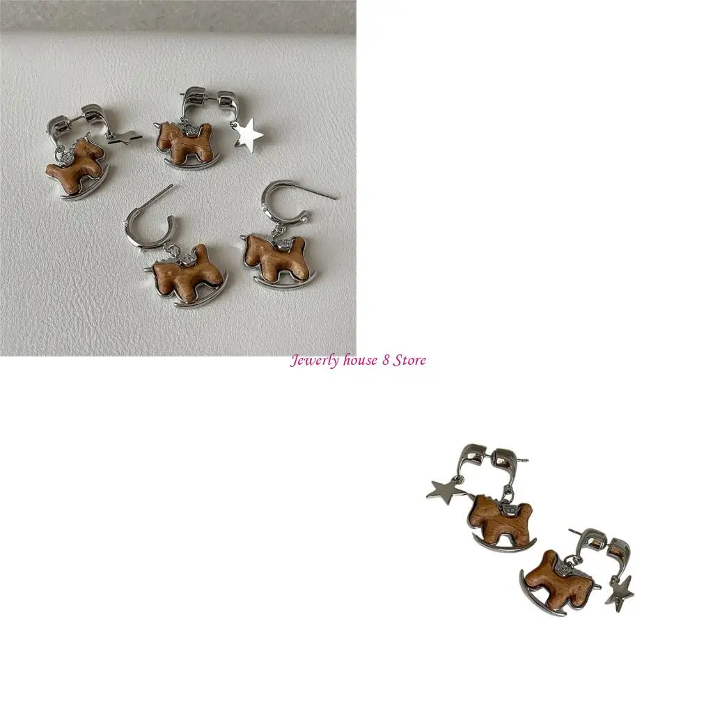 أقراط أذن على شكل حصان هزاز مصنوعة يدويًا من إكسسوارات الأذن للارتداء اليومي وملابس حفلات المكتب غير الرسمية