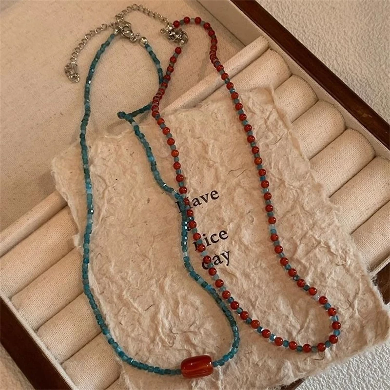 Retro Red Blue Contrast Colorful Natural Stone Cubes Beaded Necklace for Women Wholesale Beads Strand Chokers Aesthetic Jewelry