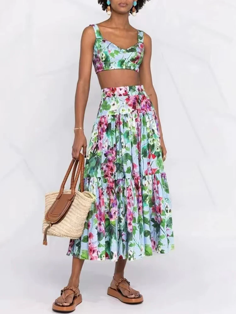 Designer retro print sexy tube top suspender top two-piece 2026 summer women's dress+high waist pleated loose skirt fashion suit