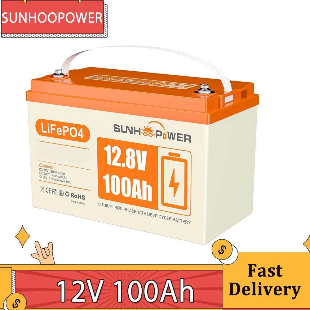 SUNHOOPOWER 12V 100Ah LiFePO4 Battery, 1280Wh Energy, Built-in 100A BMS, Max.1280W Load Power, Max. 100A Charge/Discharge, IP68