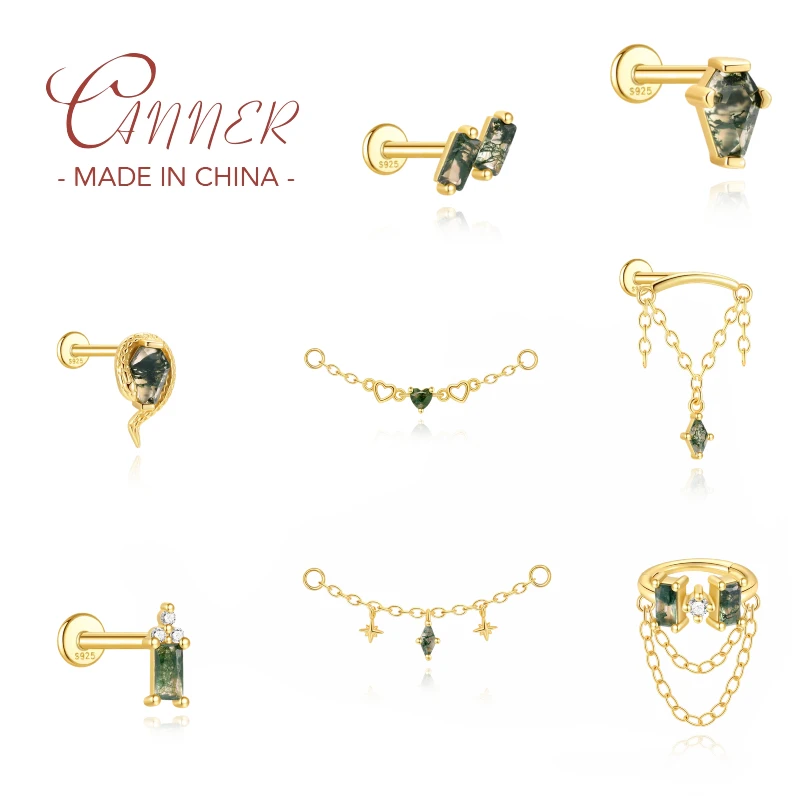 

CANNER 1PC S925 Silver Natural Classic Golden Water Plant Agate Noble Temperament Non-fading Piercing Women Jewelry