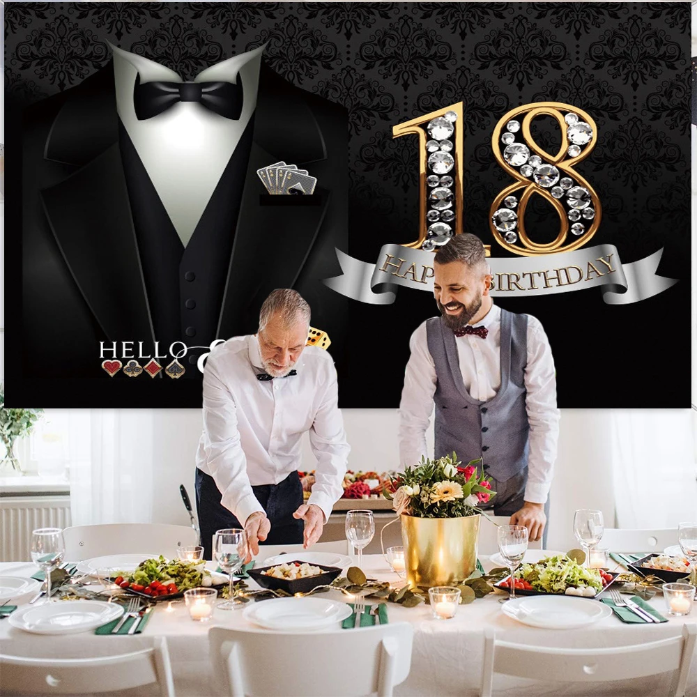 

18 Years Old Happy Birthday Photography Backdrop Balloon Black Gold Fantasy 40th 80th Party Banner Decor Background GB-02