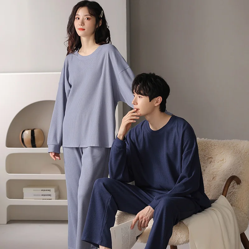 Autumn new knitted cotton imitation women\'s pajamas striped couple double long simple and comfortable men\'s homewear suit