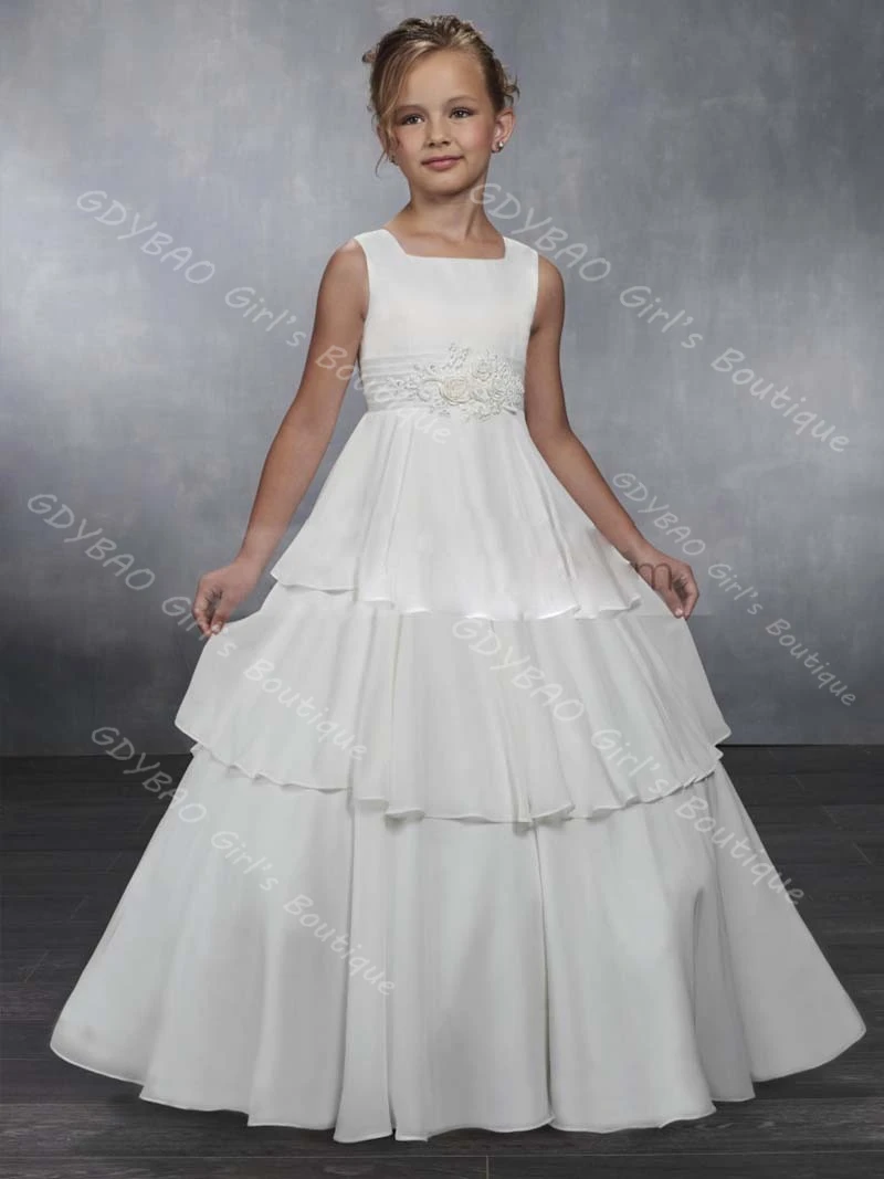 Vestido de niña de flores de color marfil para boda, vestido de primera comunión de gasa con tirantes para niños de 2 a 14 años, vestido de fiesta con abertura en la espalda personalizado