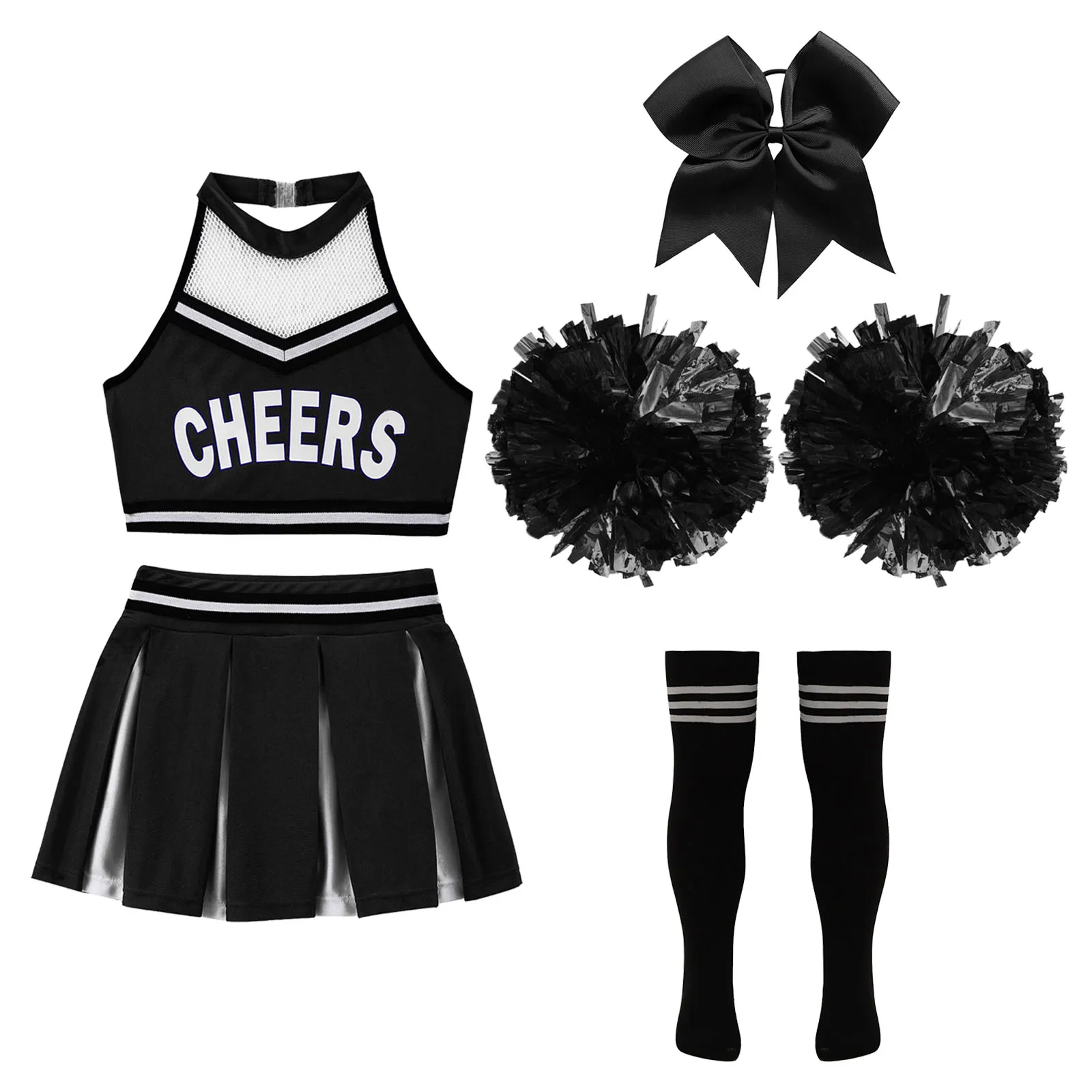 Kinder Cheerleader Uniformen Crop Top Rock Socken mit Blumenkugeln Cheerleading Kostüme Cosplay Schule Mädchen Cheer Dance Outfits
