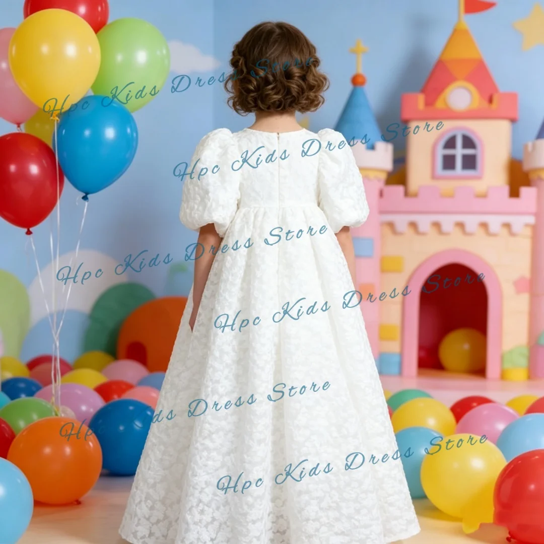 White Textured Long Sleeve Flower Girl Dress Embossed Puff Sleeve Elegant Princess Gown Kids First Communion Wedding Party Outfi