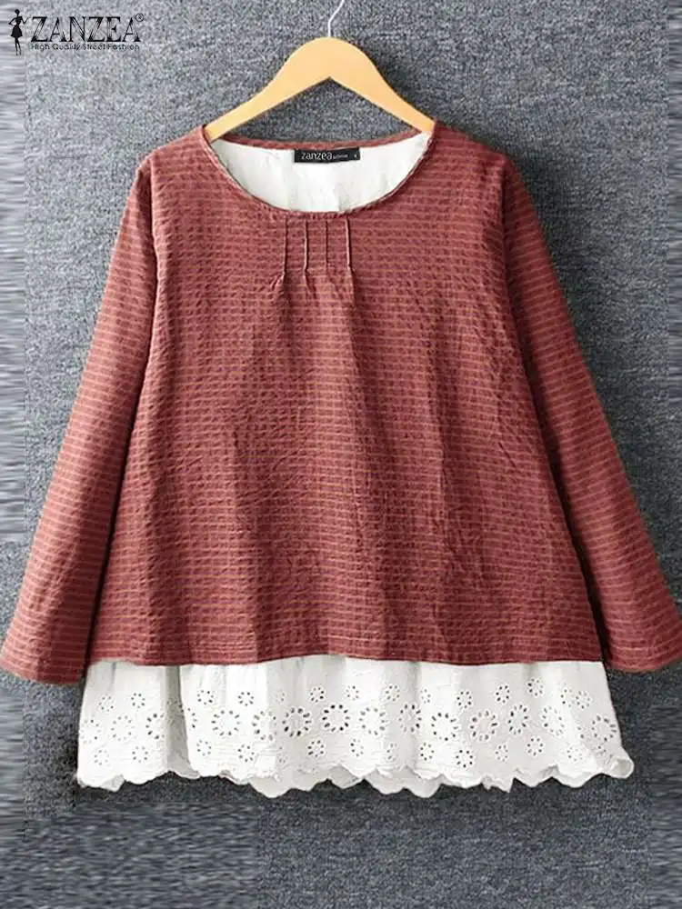 2024 Autumn Long Sleeve Blouse ZANZEA Women Fashion Patchwork Lace Shirts Casual Tunic Tops Vintage Loose Party Blusas Femininas