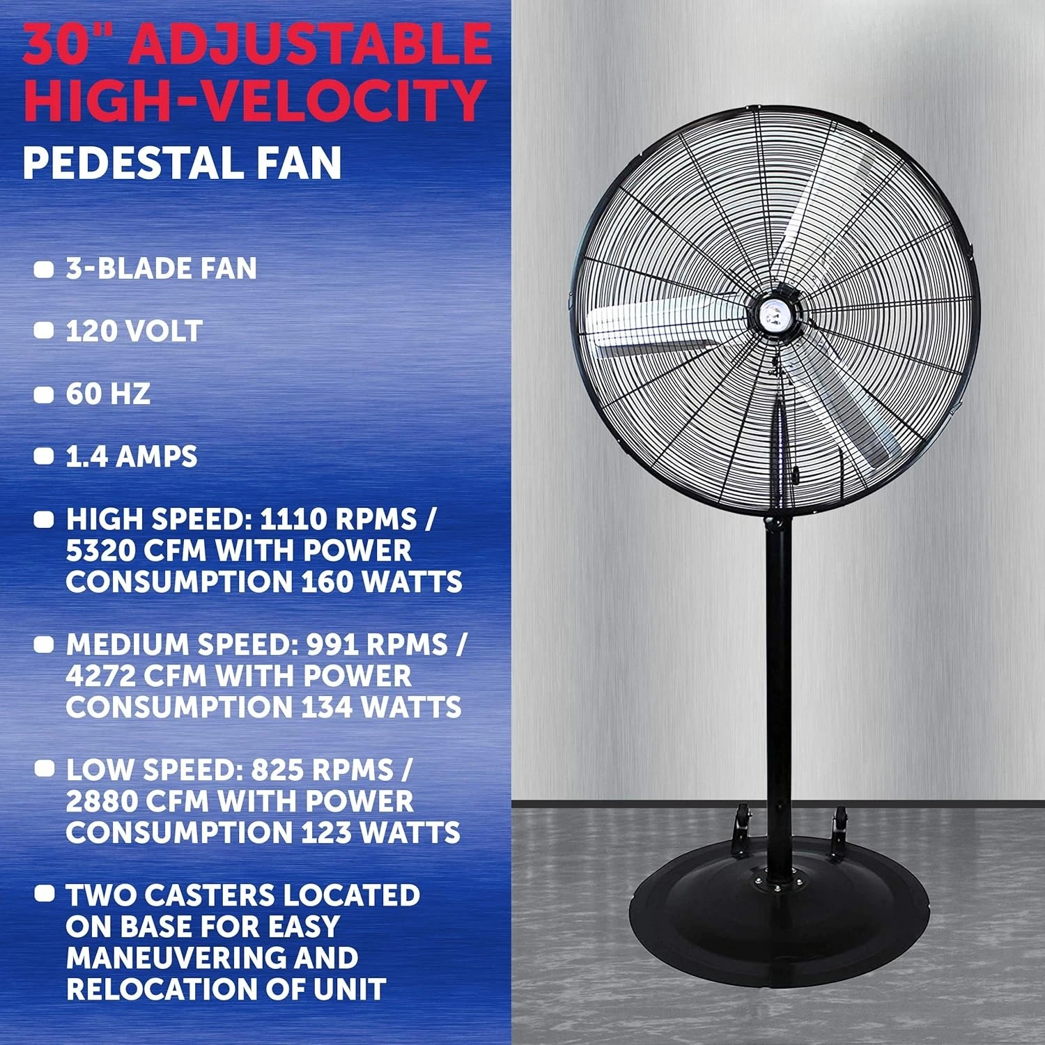 30 Inch Adjustable Height Pedestal Fan; Commercial Grade Non-Oscillating Fan, Effortlessly Cool Your Shop, Garage, or Workspace