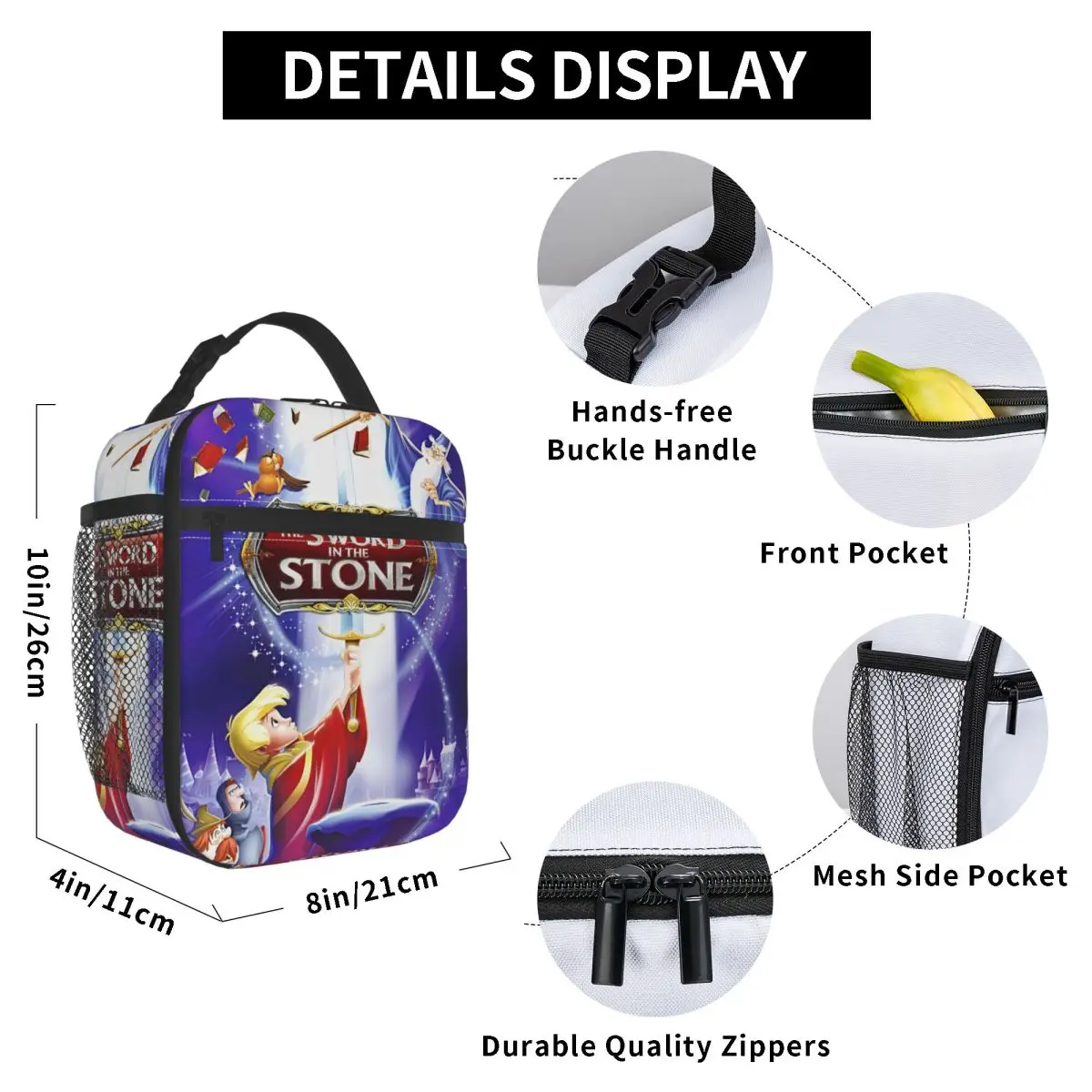 السيف في الحجر أفلام الرسوم المتحركة الحرارية معزول حقيبة الغداء المرأة حاوية الغداء القابلة لإعادة الاستخدام لتخزين المواد الغذائية المدرسية