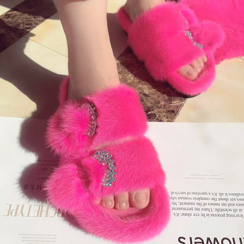 Woman Furry Ladies Fur Luxury Fluffy Plush Slipper House Soft Fuzzy Platform Casual Home High Heels Female Mink Fur Slippers