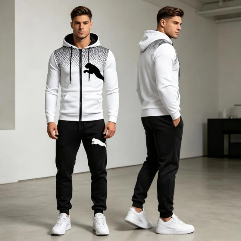

Fashion Men Zipper Hooded Tracksuit 2PCS, Casual Jacket + Sweatpants Outfit for Outdoor & Daily Wear