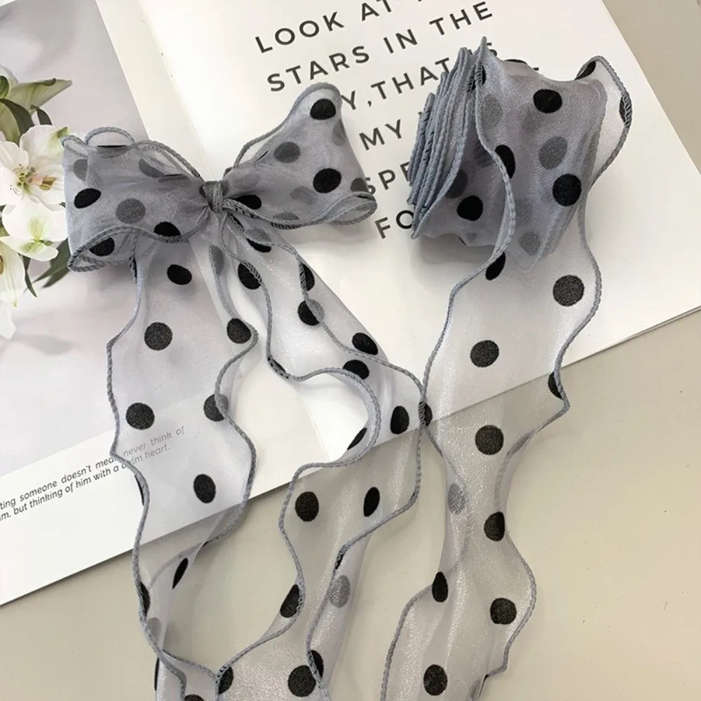 5.5cm Width Organza Ribbon Flocked Finish 10 Yards Length Ruffled Edge Ribbon Handmade Craft Grade Sheer Fabric Polka Dot Ribbon