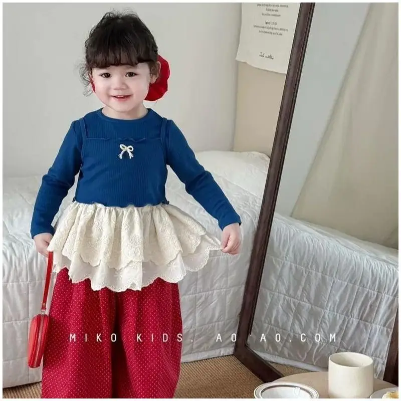 Children's Clothing New Style Girls Bow Tie Suspenders Long Sleeve T Set Cotton Spring Autumn Stylish Polka Dot Wide Leg Pants