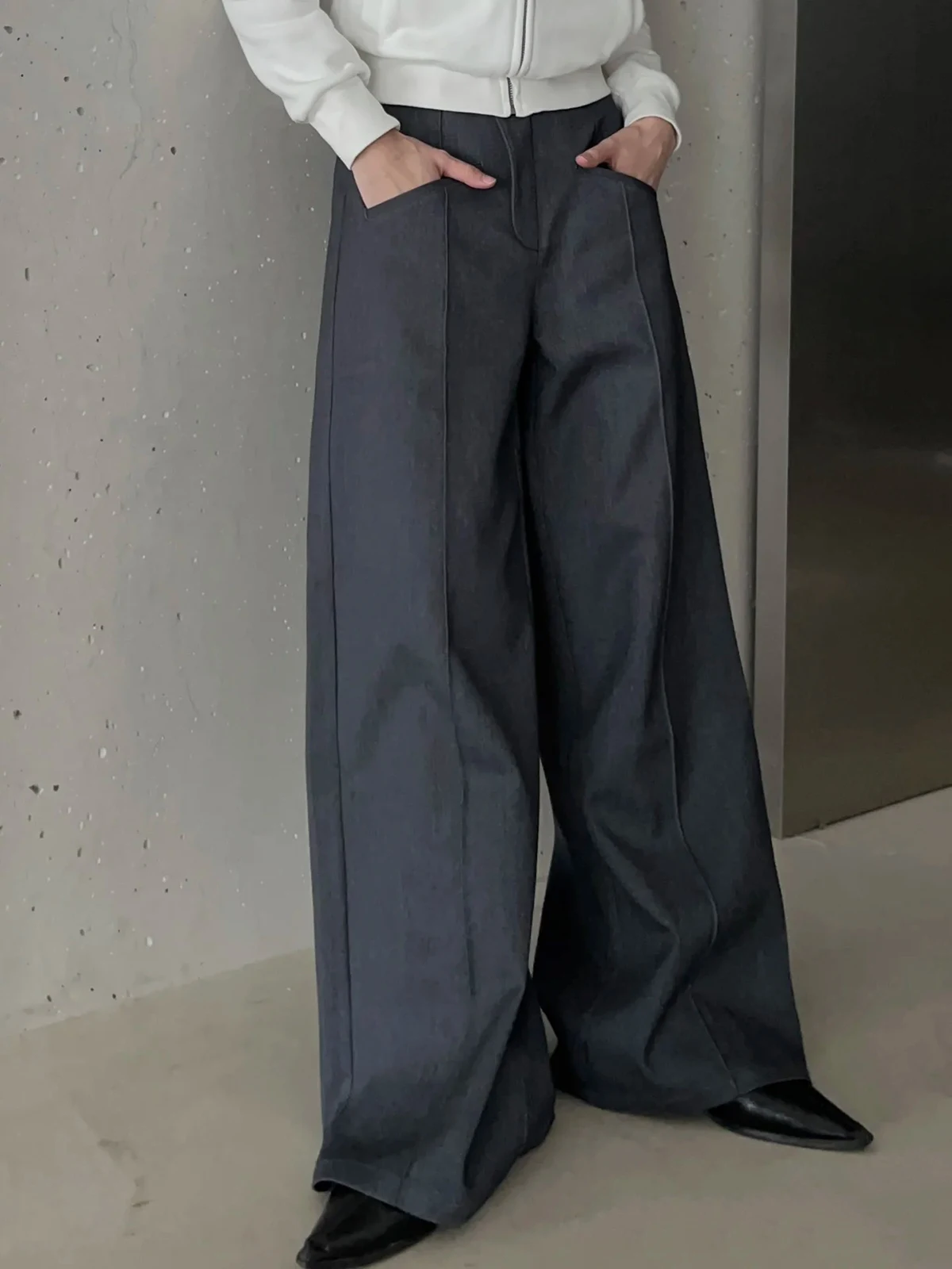 

Women Korean Fashion Style Baggy Solid Black Pants fo scene Japanese 2000s Vintage Wide Dark Grey Trousers emo Designer Clothes