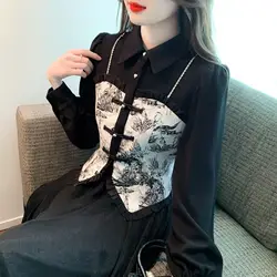 Fake Two Shirts New Women's Clothing New Chinese Style Short Style Western-style Waisted Shirt Long Sleeved Top
