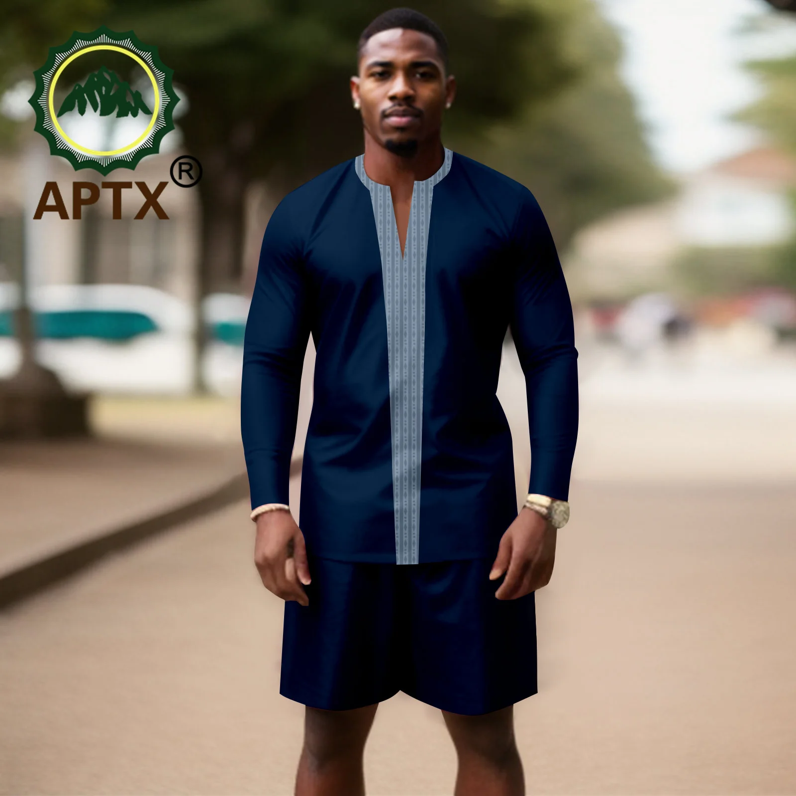 

African Clothes for Men Sportswear Dashiki V-neck Shirt Shorts 2 Pcs Set Causal Bazin Riche Attire Date Church Occasion A2316074