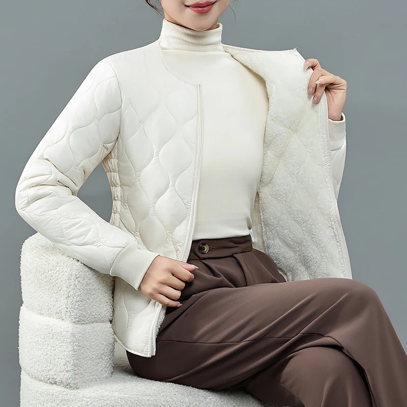 

Fitted ort Cotton Jaet round Ne Quilted Inner Warm Close-Fitting Knitted Nylon Women's Commute Sle Thi Winter Coat