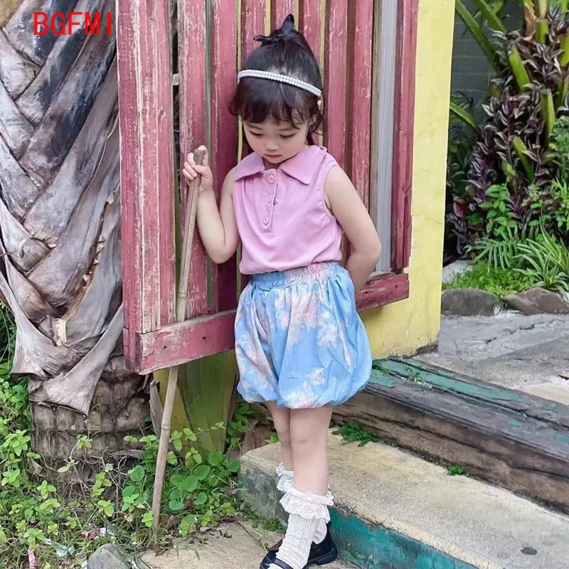 

Summer Girls Korean Polo Collar Solid Color Tank Top Girls Light Thin Fragmented Soft Denim Blossom Shorts Female Child Clothes