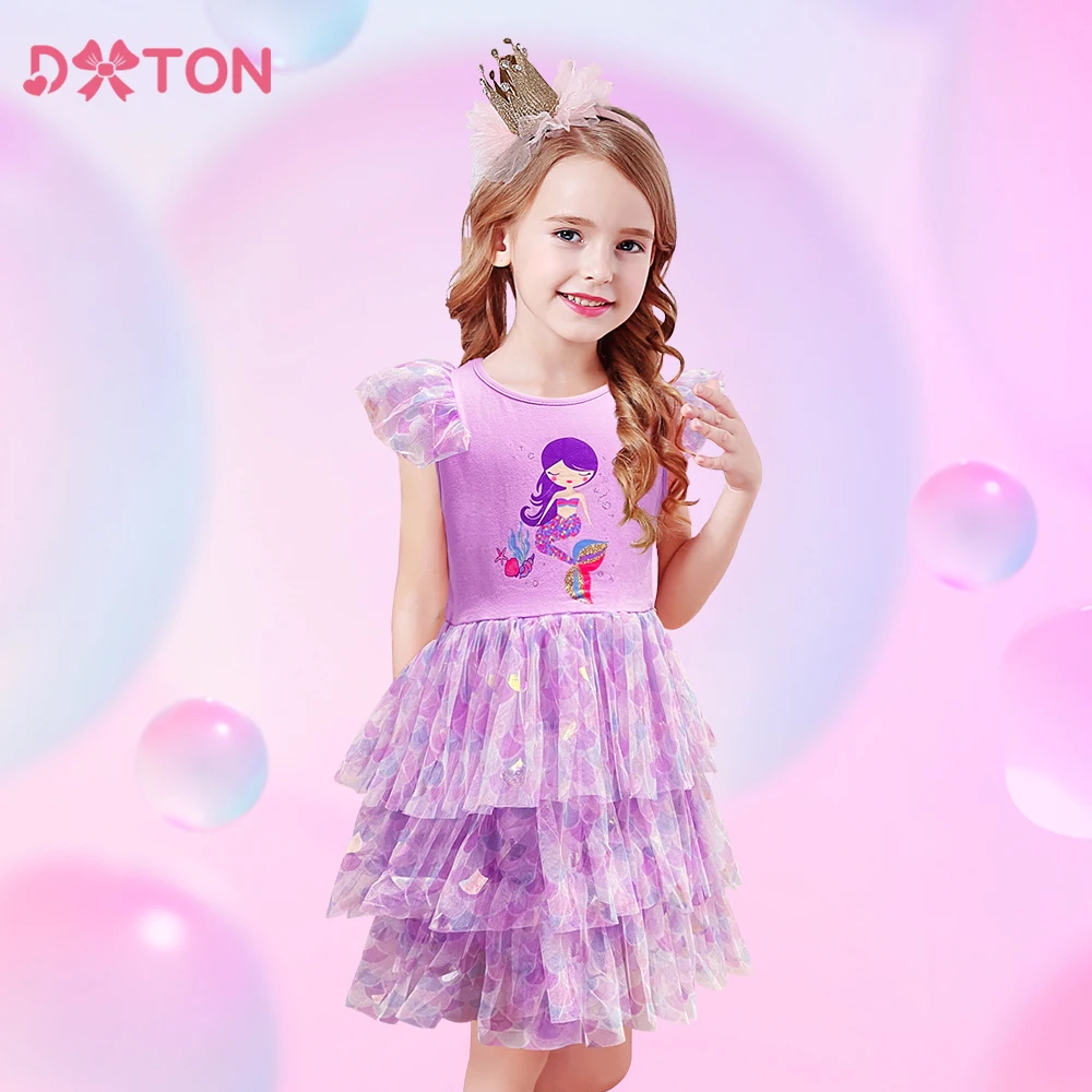 DXTON Girls Summer Tutu Dress Kids Mermaid Print Cartoon Layered Dresses Girls Birthday Party Travel Beachwear Children Clothing