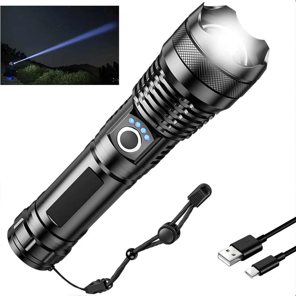 USB Rechargeable LED Flashlights 990000 High Lumens Handheld Light Waterproof for Emergence Hiking Outdoor Emergence Searchlight