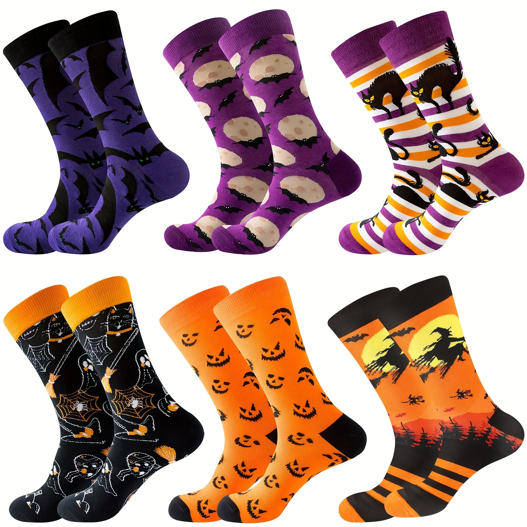 

6 Pairs Halloween Christmas Socks For Men Women Girls Funny Pumkin Spider Black Cat Cotton Sock Set