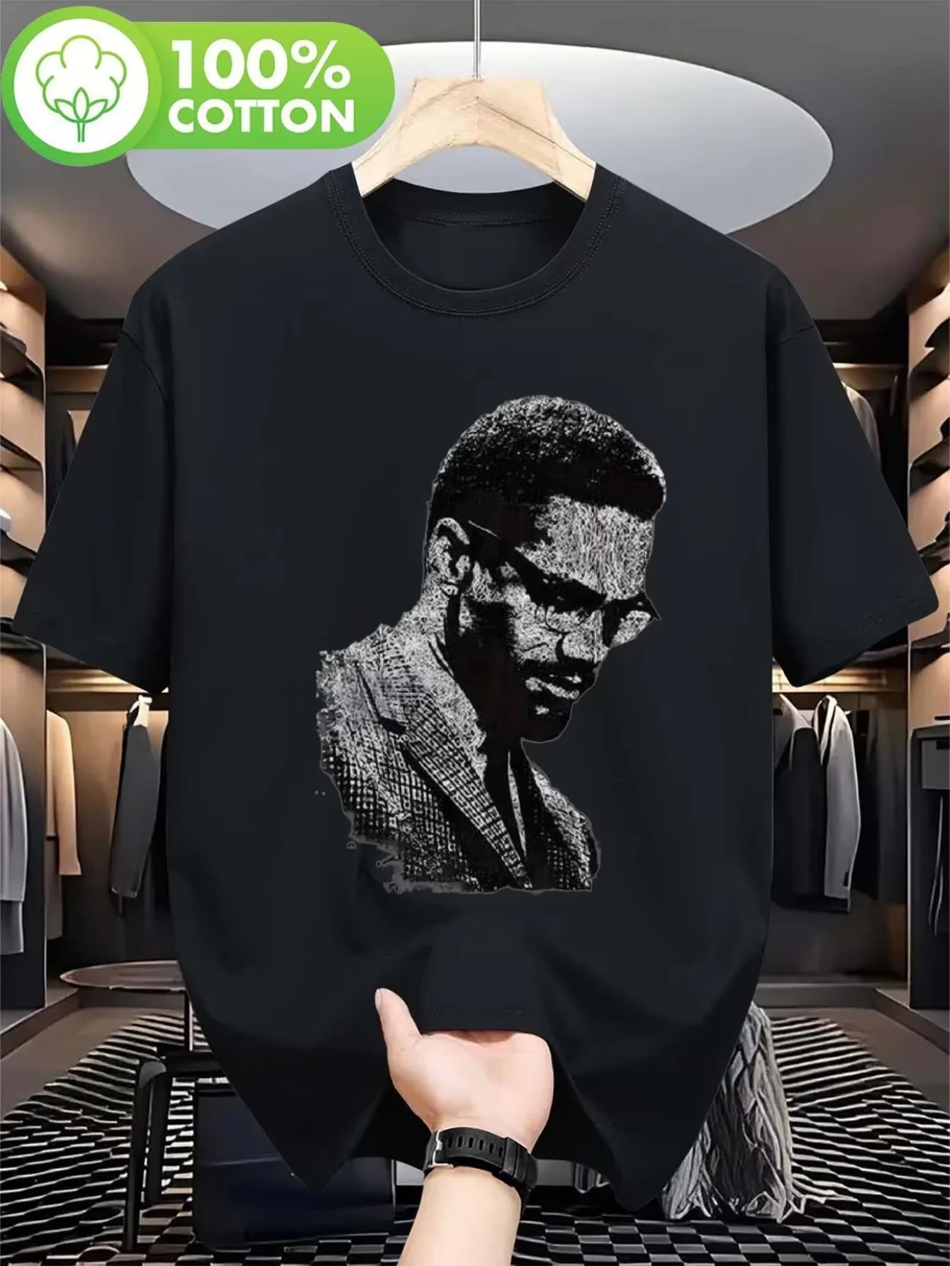 Men's 100% Cotton Black T-Shirt, Malcolm X Portrait Art Print, Cool Casual Crew Neck Tee, Comfortable & Machine Washable, No Fade, Suitable for Daily, Family & Party Activities, All Seasons Wearable