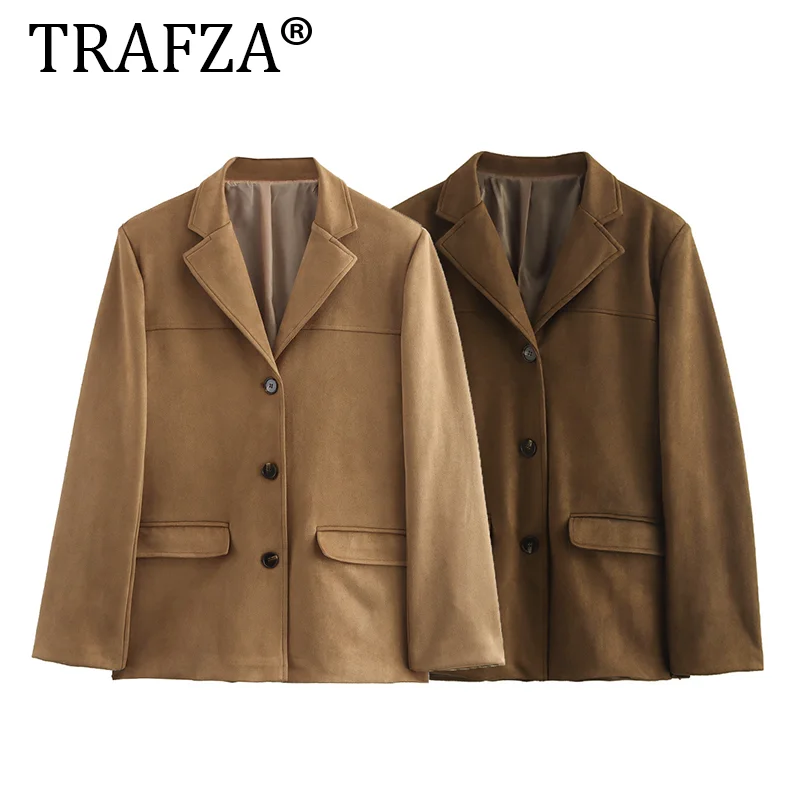 TRAFZA Suede Blazer Woman 2024 Atumn Jacket Single-Breasted Fitting Blazer Women Streetwear Casual Woman Blazers Coat