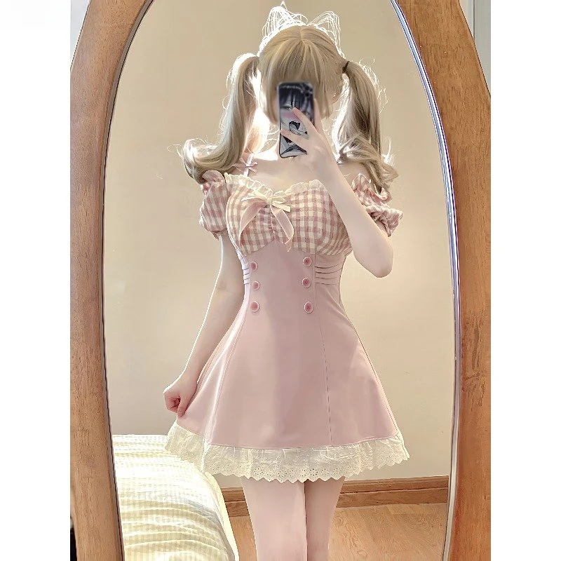 Vestido de princesa con lazo a cuadros de color rosa dulce, Mini vestidos sexis de fiesta con volantes de encaje y cuello oblicuo para mujer, vestido ajustado de estilo japonés Lolita