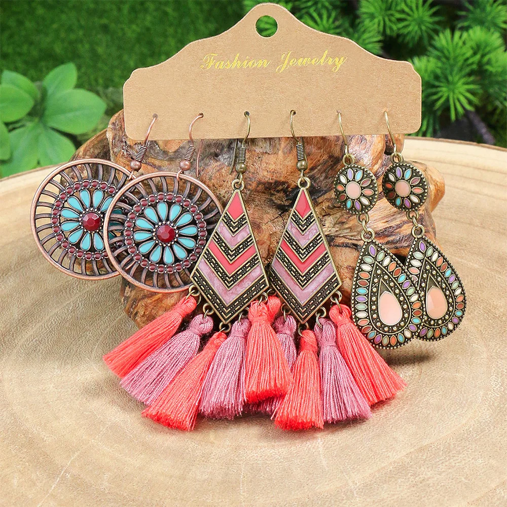 Colorful Tassels Earrings Set Ethnic Women Geometric Round Bronze Metal Drop Vintage Boho Wholesale Jewelry Party Gifts
