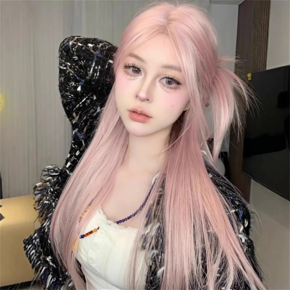 

Wig pink gold, lace long straight hair on the forehead, green, golden wig, suitable for female role-playing