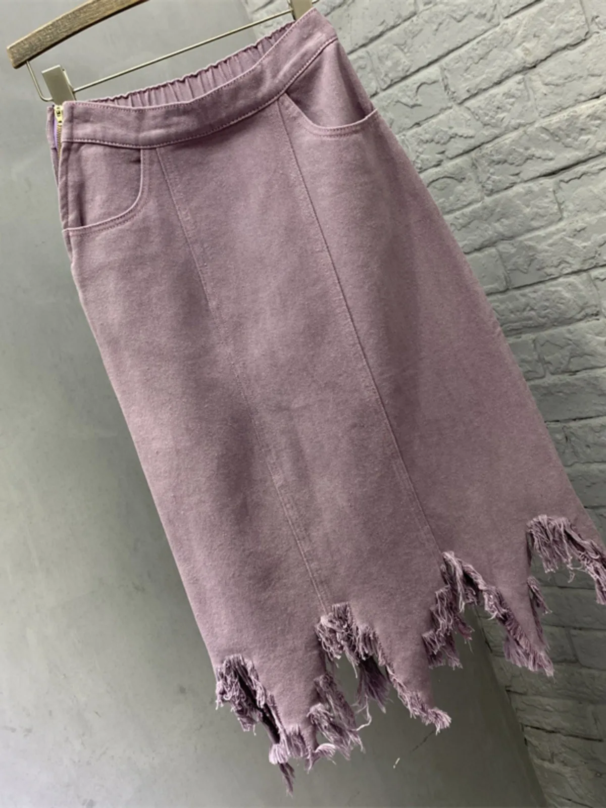 大サイズフリンジガール夏の新ハイウエストルーズ不規則なデニムスカートエレガントなパープルロング A ラインシンプルな多用途スカート