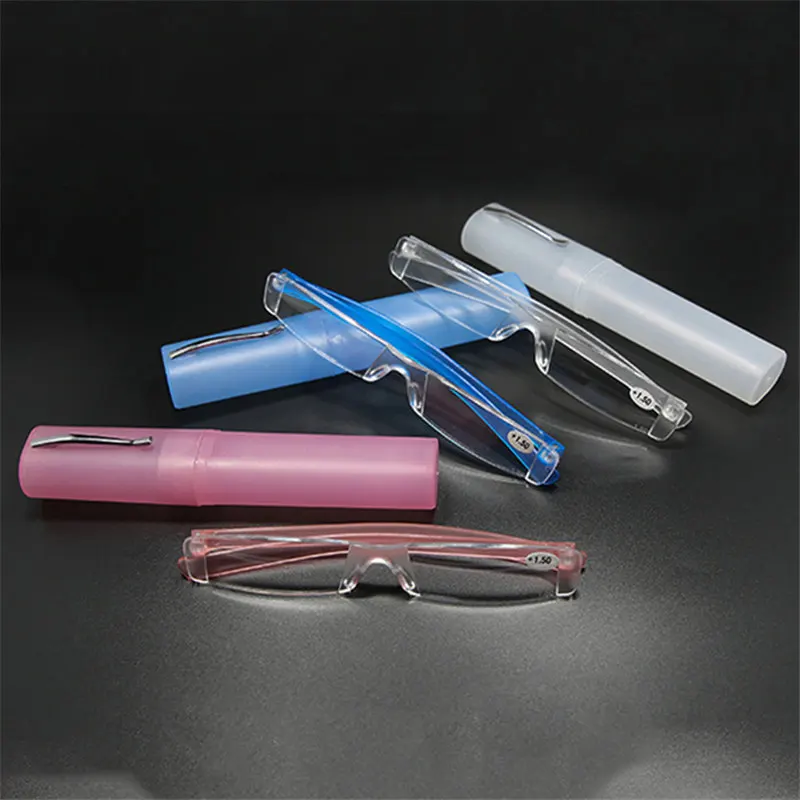 Men Reading Glasses with Box Ultra-light Pen Holder Reading Glasses Multi-color One-piece Plastic Presbyopic Glasses +1.0 To +4