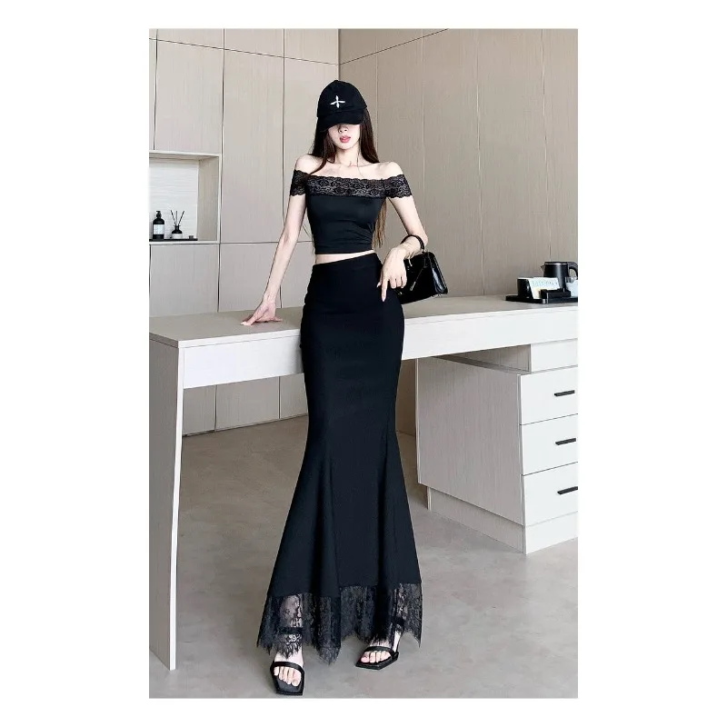 Women's Clothing Black Lace Patchwork Skirt for Women High Waist Mid-length Hip-hugging Fishtail Skirt
