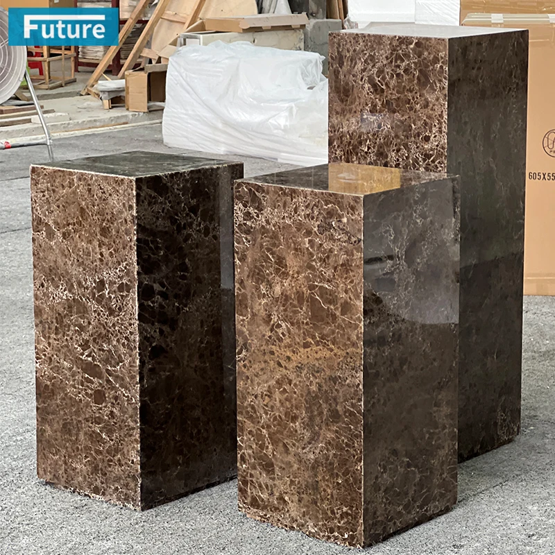 Factory Price Luxury Cube Column Shape Tall Dark Brown Marble Side Tea End Table for Livingroom Bedroom Entry Hall