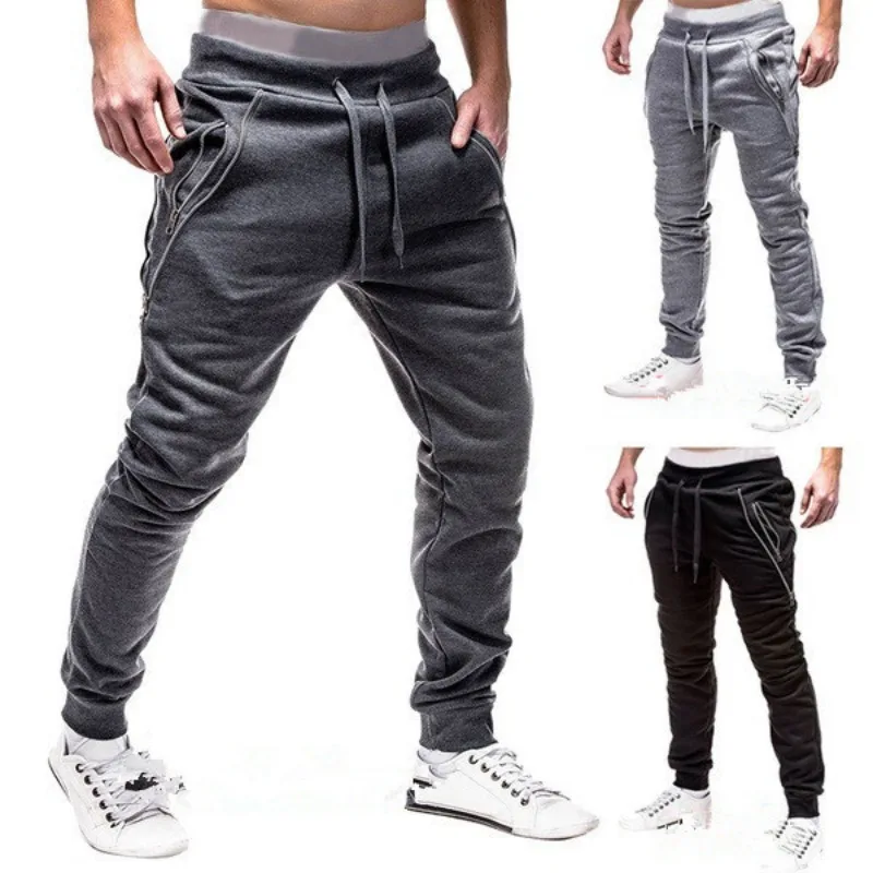 Spring and Autumn New Trendy Zipper Men's Sports Pants with Drawstring Men's Small Feet Closure Fashion Sports Pants