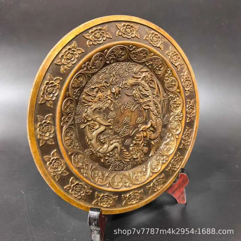 Antique-style brass craft with aged patina, dragon and phoenix auspicious ornament for home decoration