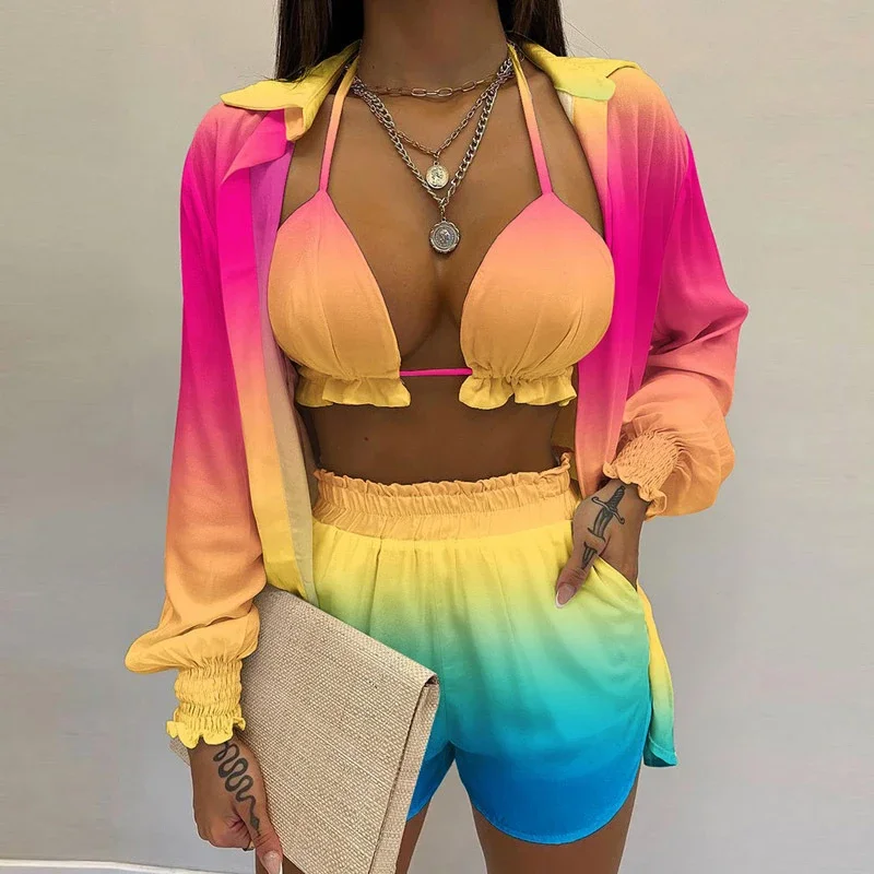 Women's Bikini Three-piece Gradient Printing Long Sleeve Lapel Shirt+bra+shorts Split Swimsuit Set Beach Holiday Party Swimsuit