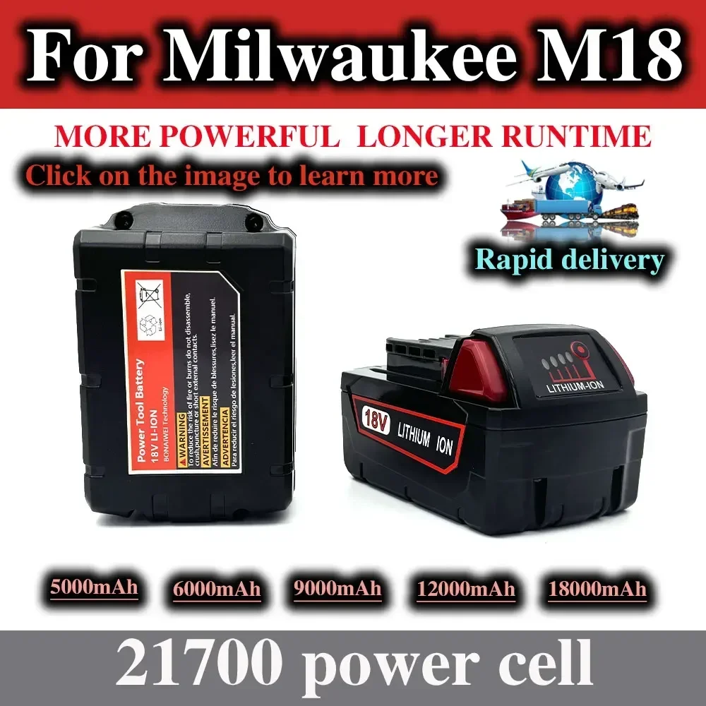 For Milwaukee M18 Power Tool Battery, Charger, BR, XC, 18V, 5000mAh-18000mAh M18B5, 48-11-1860, Built-in 21700 Battery