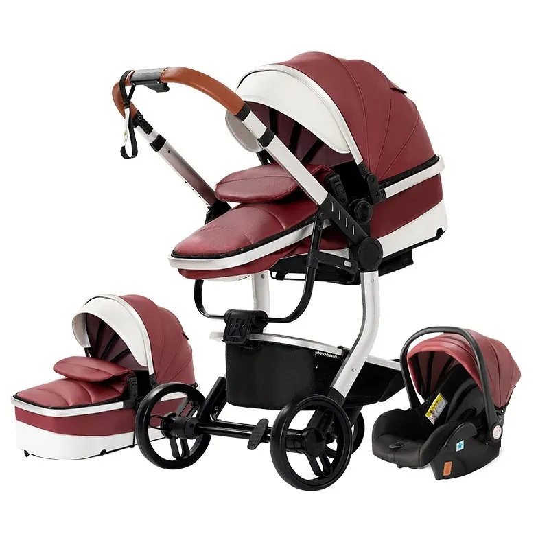 3 in 1 stroller Baby stroller  Newborn Stroller High Quality Baby Carriage  Senior  Baby Portable Rubber Wheel PU leather  Parm