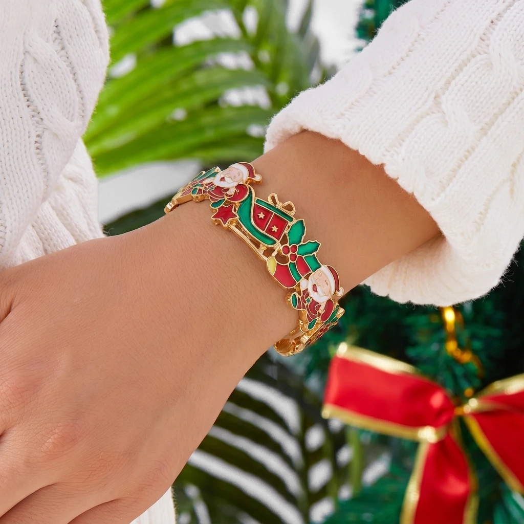 Design Sense Weihnachtsbaum-Emaille-Armbänder für Frauen, niedliche Elch-Glocken-Schneeflocken-Armbänder, ästhetischer Weihnachtsparty-Schmuck – Detail 4