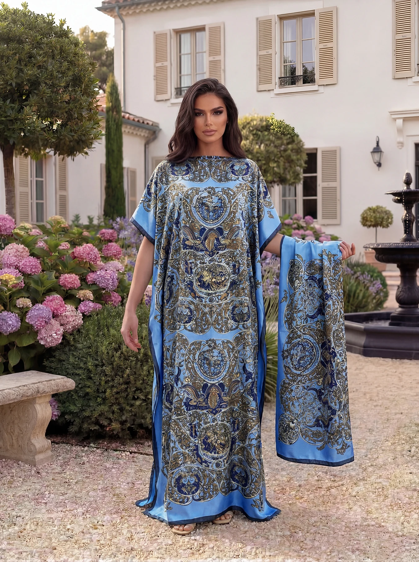Vintage Baroque Animal Print Abaya With Scarf, Loose Maxi Kaftan For African Muslim Women Summer Beach Holiday Wear view 5