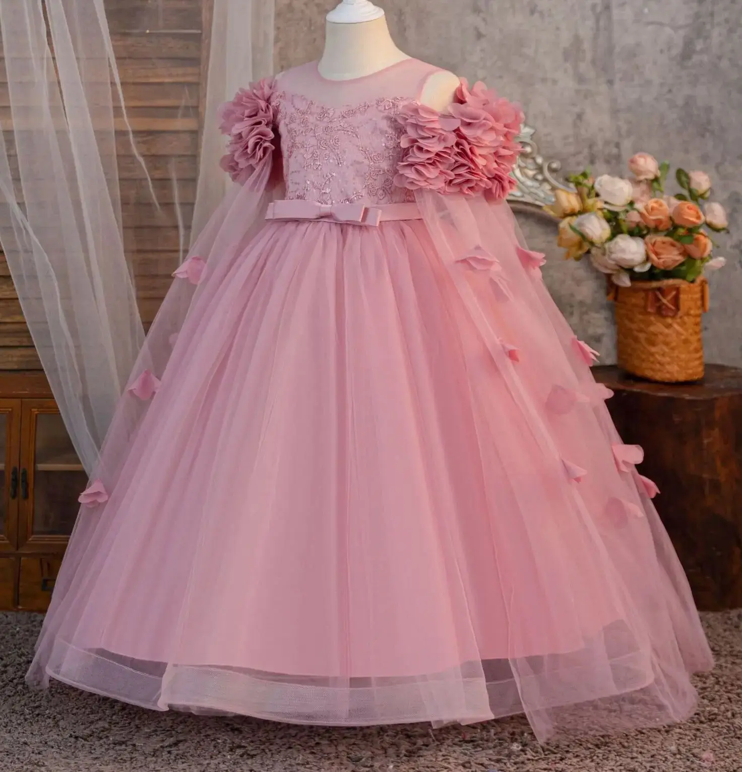 

Новое элегантное концертное платье для девочек, длинное платье, вечерние платья для причастия с цветочным узором для девочек, детская одежда от 4 до 12 лет