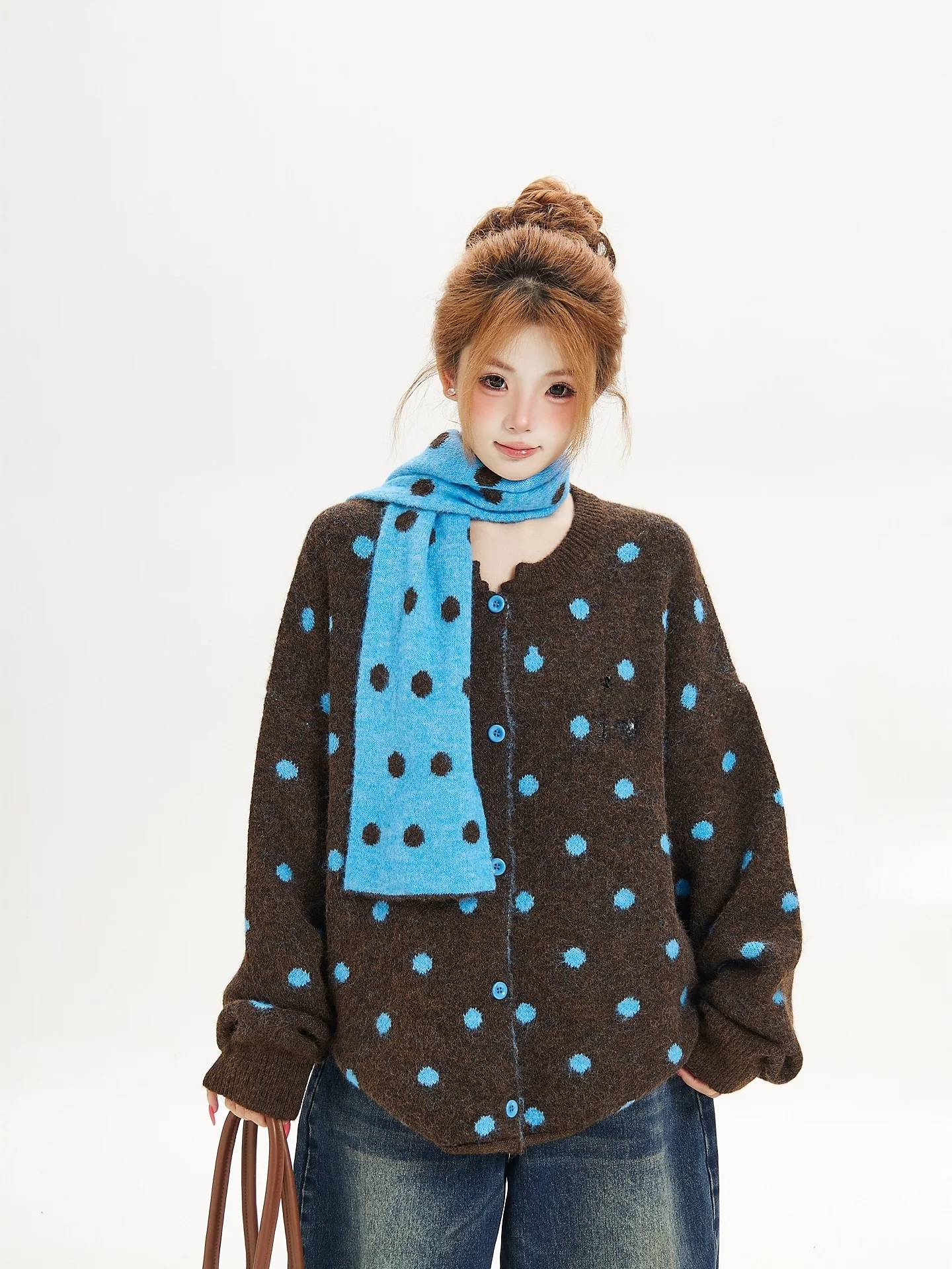 Sweet Ant Polka Dot Scarf Sweater Open Cardigan Women Loose Versatile Knitted Jacket Casual Sweet Style Spring Autumn
