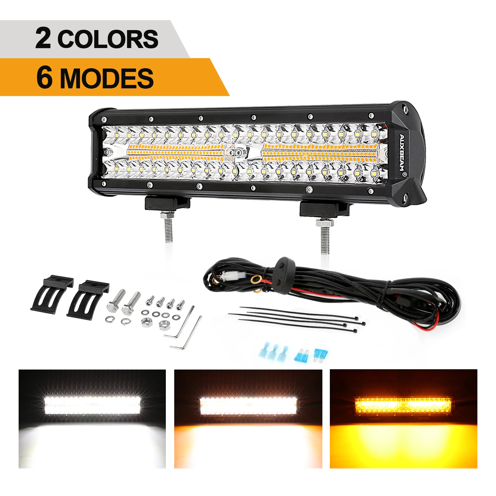 AUXBEAM 12 Inch 300W LED Work Light Bar 6 Modes Amber White  LED Light Pods with Memory Function Off Road Fog Driving Lights