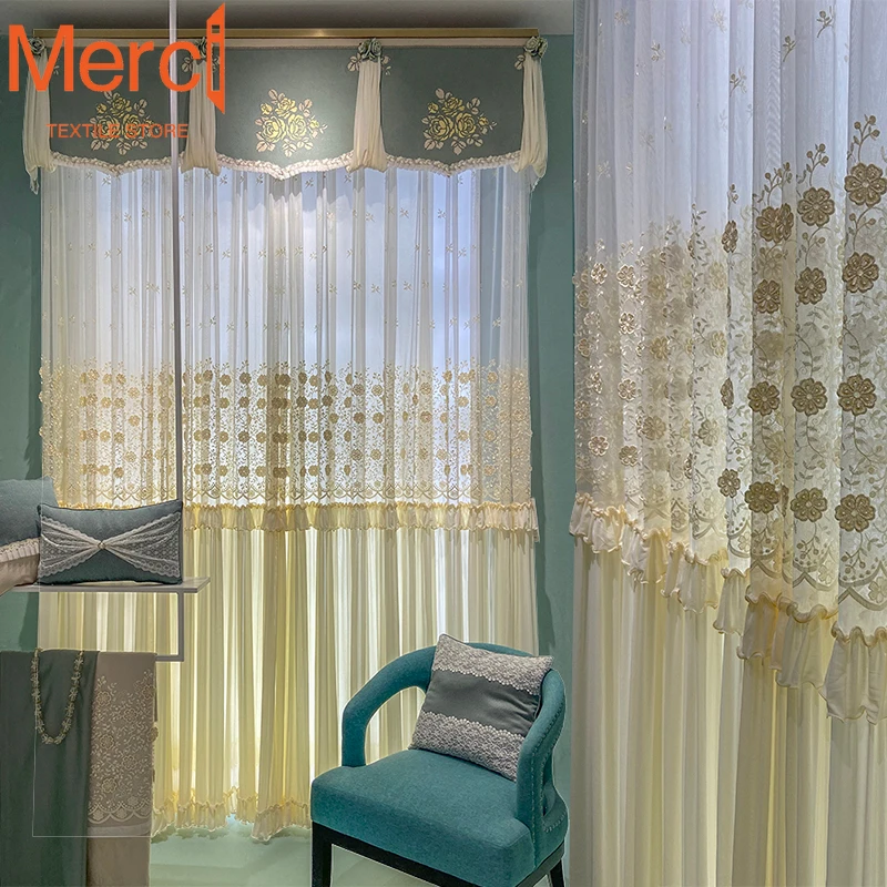 French Embroidered Mosaic Lace Gauze Curtains for Living Dining room Bedroom Luxury Korean Semi-shading Tulle Curtain Custom