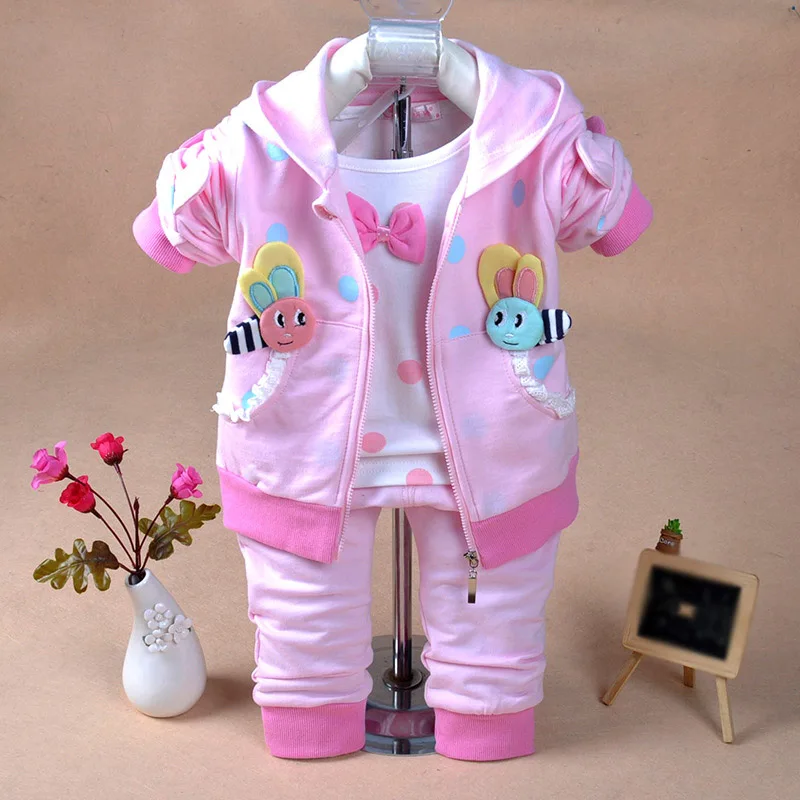 Spring Autumn Baby Girl Clothes Set Children Cute Honeybee Cotton Hooded Jacket + T-shirt + Pants 3PCS Set Outfits For Girl Baby