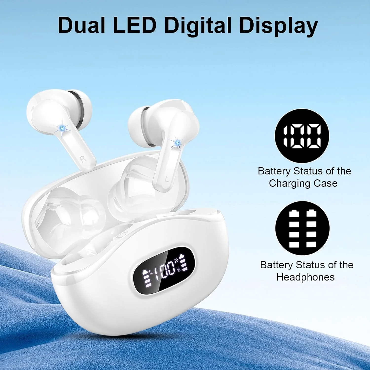 Wireless Earbuds, Bluetooth Headphones 5.3 HiFi Stereo with ENC Mic, 40H Dual LED Display Case, IPX7 Waterproof.